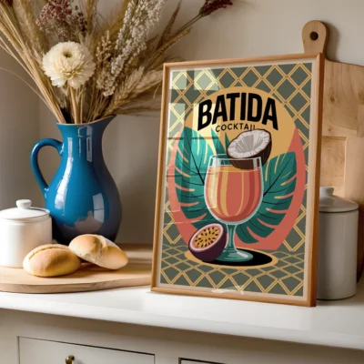 An illustrated poster of a Batida cocktail, displayed in a kitchen setting.