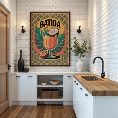 Stylish kitchen with a vintage Batida cocktail poster, plants, and wooden countertop