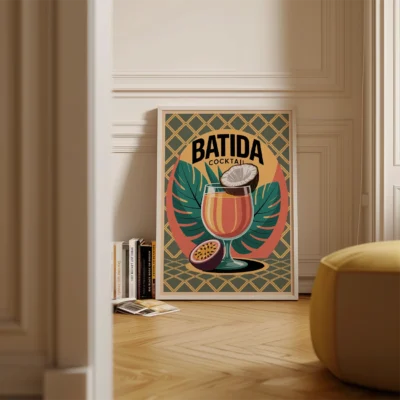 Illustration of a Batida cocktail with tropical leaves and a passion fruit, featuring the title 'BATIDA' at the top.