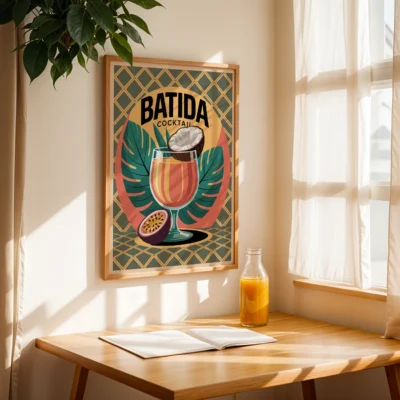 A poster of Batida cocktail with tropical leaves and passion fruit, displayed on a wall next to a wooden table with a book and a drink.