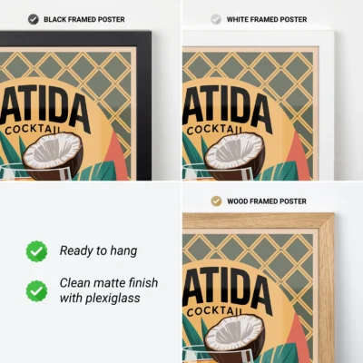 Three framed posters of the 'Atida' cocktail, featuring black, white, and wood frames, with promotional notes.