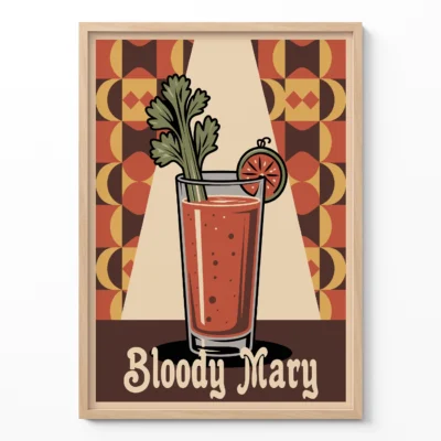 Illustration of a Bloody Mary cocktail in a tall glass with a garnish of celery and tomato, against a retro patterned background.