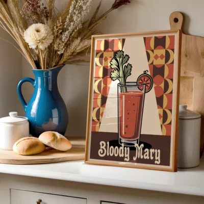 A colorful illustration of a Bloody Mary cocktail with garnishes, framed and displayed on a kitchen countertop.