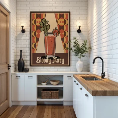 Interior of a kitchen with a Bloody Mary poster on the wall