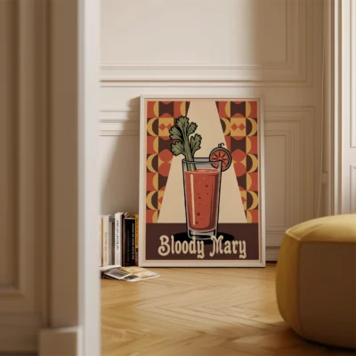 A decorative poster of a Bloody Mary cocktail garnished with celery and lemon, set against a geometric patterned background.