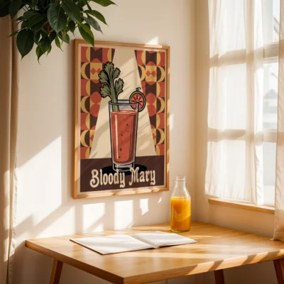 A vibrant Bloody Mary cocktail poster featuring a tall glass with celery and lemon, against a retro geometric background, with a glass of orange juice and an open book on a wooden table.
