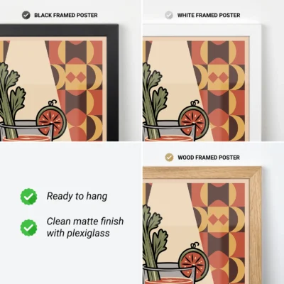 Comparison of black, white, and wood framed art posters featuring the same colorful artwork