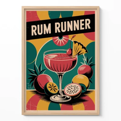 A vintage-style poster showcasing a Rum Runner cocktail with tropical fruits in the background.