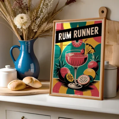 Colorful vintage illustration of a Rum Runner cocktail in a golden frame, with tropical fruits in the background.
