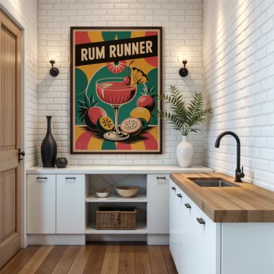 Stylish kitchen with a vintage Rum Runner cocktail poster on the wall