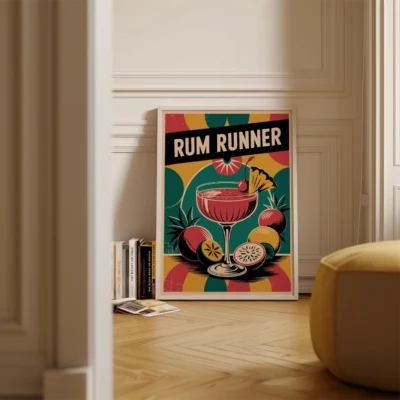 A colorful poster of a Rum Runner cocktail with tropical fruits, displayed in an interior setting.