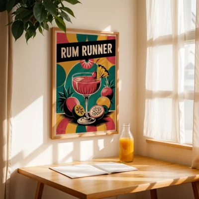 A Rum Runner cocktail poster hanging on a wall next to a wooden table with an open book and a bottle of orange juice.