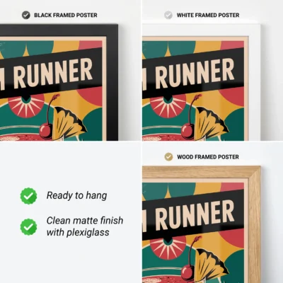 Display of black, white, and wood framed posters with the word 'RUNNER'