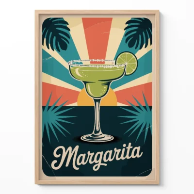 A retro-style illustration of a margarita cocktail with a lime slice, palm leaves, and a sunburst background.