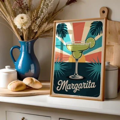 A retro margarita cocktail poster with a tall glass, palm leaves, and colorful sunburst background.