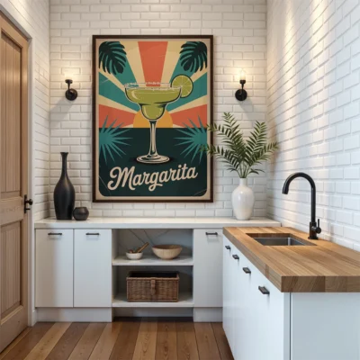 A kitchen corner with a margarita cocktail poster and modern decor.