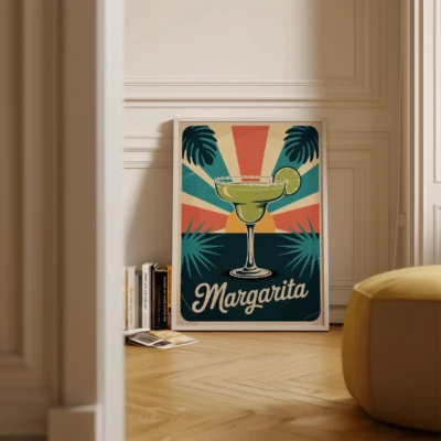 A vintage poster of a margarita cocktail with a lime slice, set against a colorful sunset background with palm leaves.