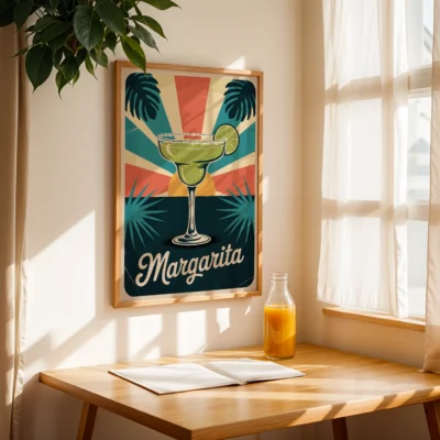 A colorful poster of a margarita cocktail with a sunburst background and palm trees, displayed in a cozy room with a wooden table and juice bottle.