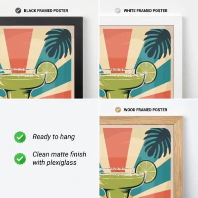 A margarita cocktail poster displayed in three different frame options: black, white, and wood. Includes details about the poster being ready to hang and its clean matte finish.