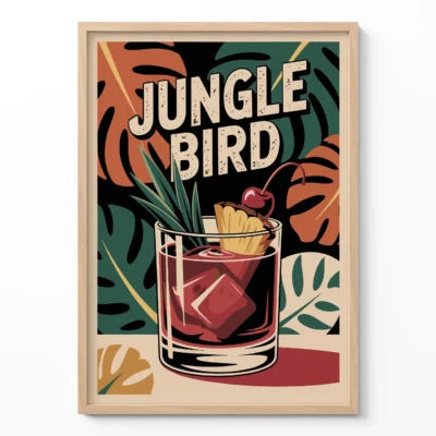 Poster of Jungle Bird cocktail featuring a glass with ice, pineapple, and cherry on a tropical background with leaves.