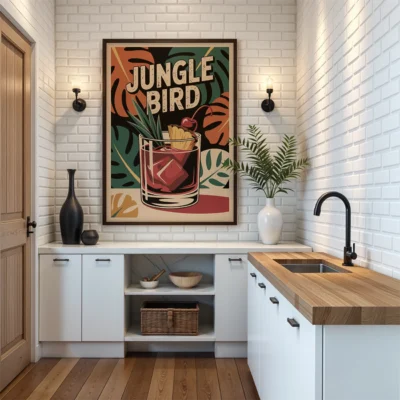 Interior of a kitchen with a cocktail art print called 'Jungle Bird' on a white brick wall, surrounded by plants and stylish furnishings.