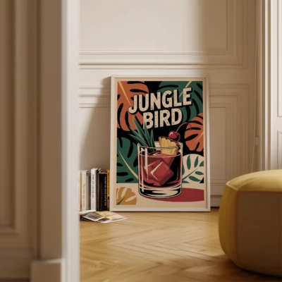 Art print of a Jungle Bird cocktail with tropical leaves in the background