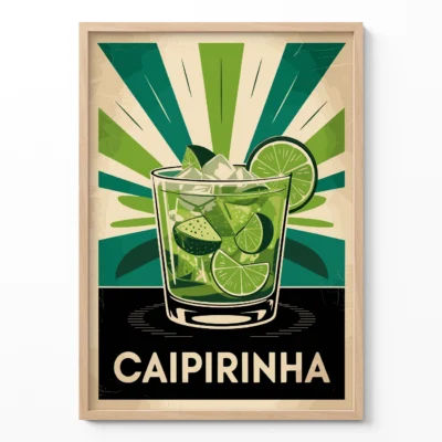 An illustrated poster of a Caipirinha cocktail with lime wedges and ice in a glass, surrounded by green rays and the word 'CAIPIRINHA' at the bottom.