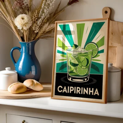 A retro-style poster illustrating a Caipirinha cocktail in a glass, with ice and lime slices, complemented by a blue pitcher and bread in the background.