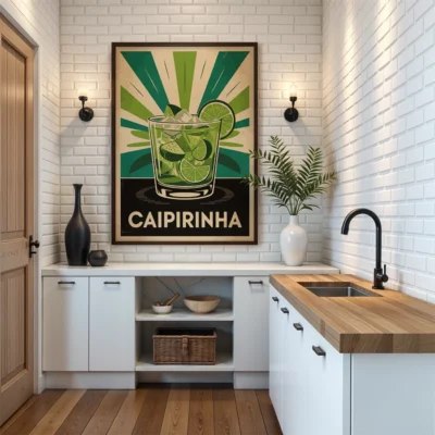 Modern kitchen with white brick wall and Caipirinha cocktail poster