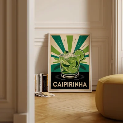A vintage-style poster of a Caipirinha cocktail with ice and lime slices against a green burst background