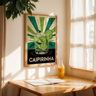 A colorful poster of a Caipirinha cocktail in a bright room with sunlight streaming in.