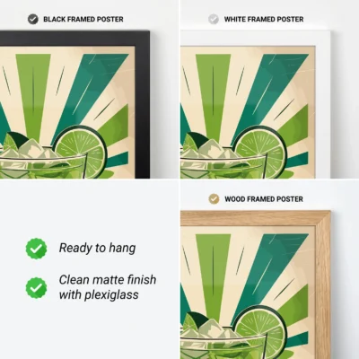 Three different framed posters in black, white, and wood, featuring a lime design with checkmarks indicating features.