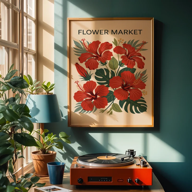 A cozy room with a record player, green walls, and a framed artwork of hibiscus flowers titled 'Flower Market'
