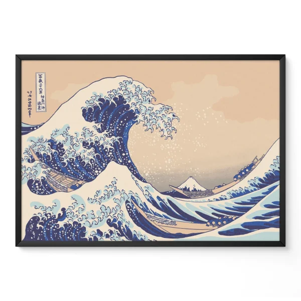A woodblock print of a large wave with boats and Mount Fuji in the background, created by Hokusai.