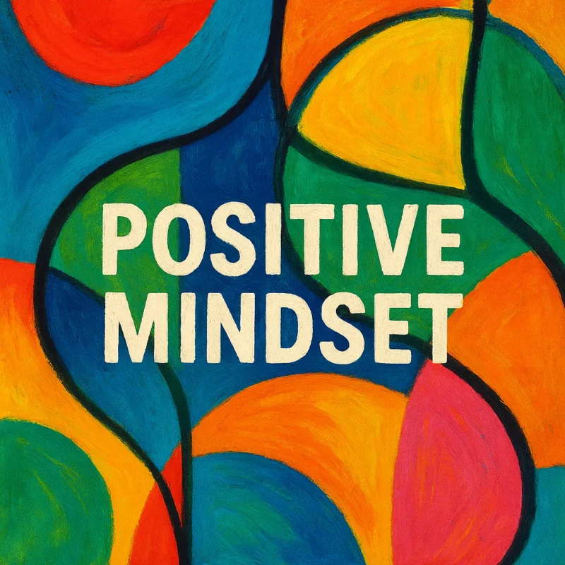 Abstract artwork with various colorful shapes and the text 'Positive Mindset' in white letters.
