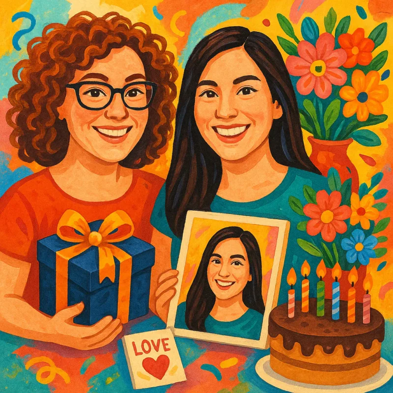 Two women celebrating a birthday with a cake, gifts, and flowers in a colorful setting