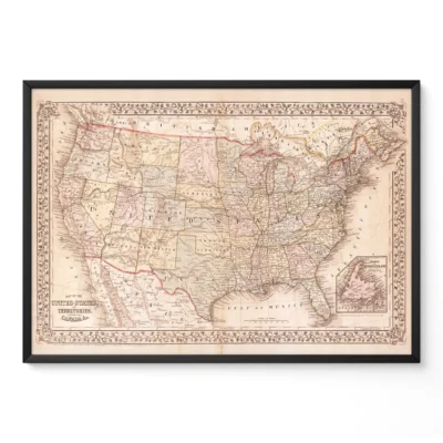 Vintage framed map of the United States showing states and geographical features