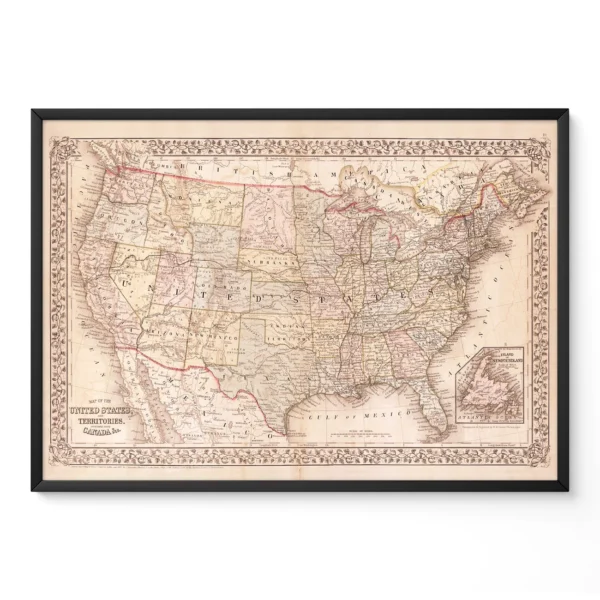 Vintage framed map of the United States showing states and geographical features