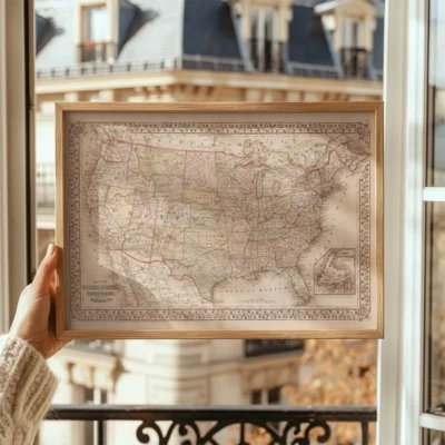 A vintage map of the United States held by a person, framed and presented in front of a window with a Parisian view.