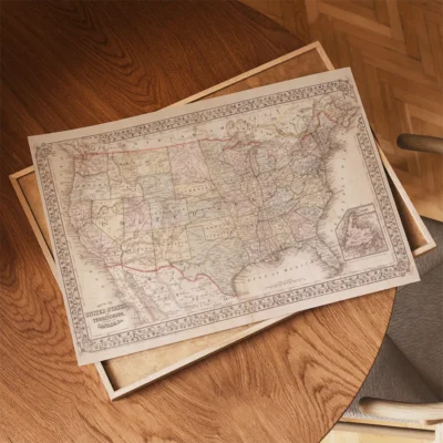 Antique map of the United States laid on a wooden table