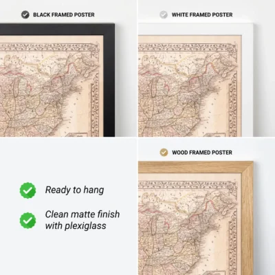 Three framed vintage map posters in black, white, and wood frames, showcasing different framing options.