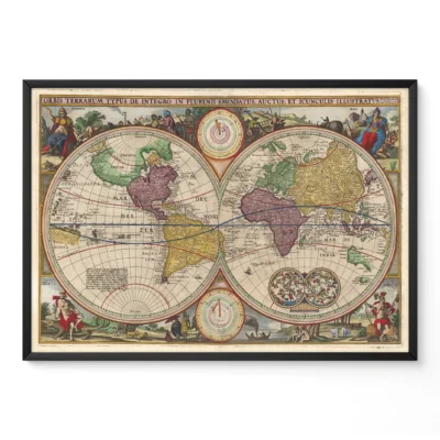 A vintage world map showing various continents and oceans, decorated with illustrations and geographical labels.