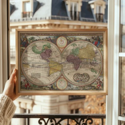 A person holding an antique world map framed in wood, with Parisian buildings visible through the window behind them.