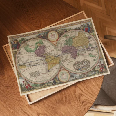 An old-fashioned world map with artistic illustrations, divided into two hemispheres, displaying geographical features and historical cartography.