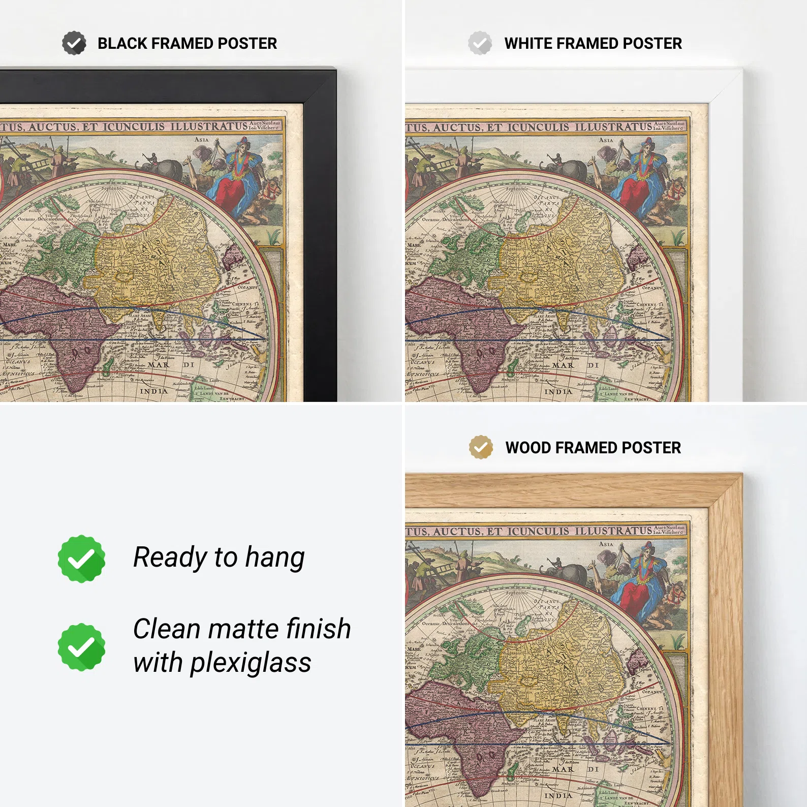 Three framed versions of a vintage map poster featuring black, white, and wood frames.