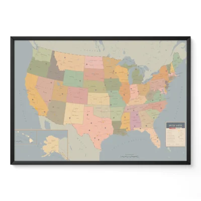 Framed map of the United States featuring all states in pastel colors with an inset of Alaska and Hawaii.