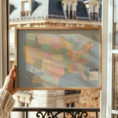 A person holding a pastel-colored map of the United States in a wooden frame against a sunny window view.