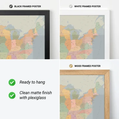 Three framed map posters in black, white, and wood frames with a map of the northeastern US and features listed