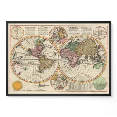 An antique world map with vibrant colors and detailed cartographic features