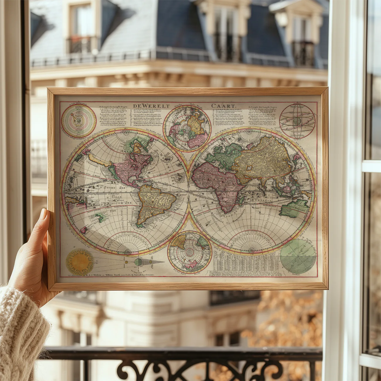 Person holding a vintage world map framed, with a view of an elegant apartment behind them.